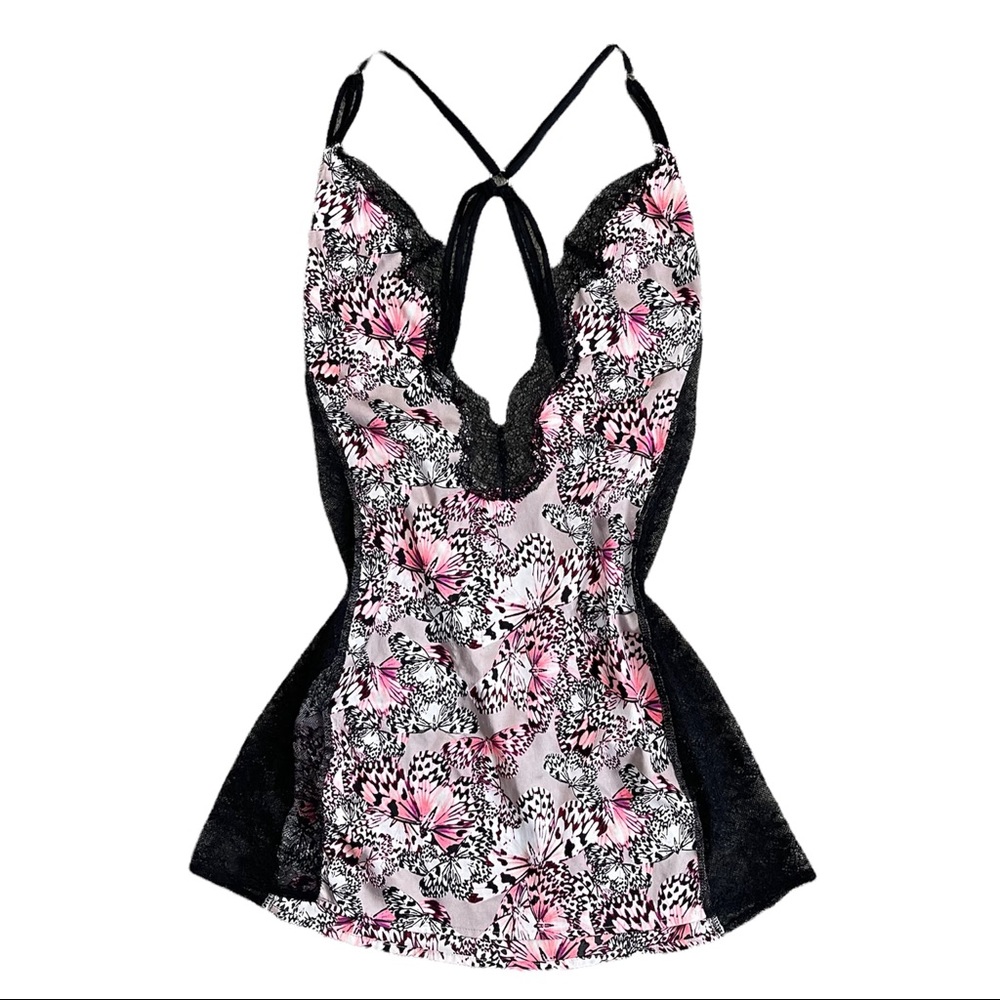 VICTORIA'S SECRET Pastel Light Pink Black Butterfly Lace Plunge Neck Teddy Slip - Picture 1 of 8